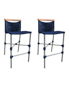 Kit 2 Banquetas Anne em Corda Náutica Base em Alumínio Cinza com Detalhe em Madeira Azul Marinho