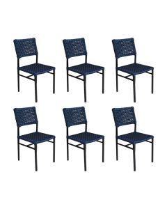 Kit 6 Cadeiras França Corda Náutica Base em Alumínio Preto/azul Marinho