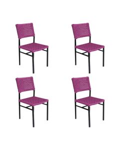 Kit 4 Cadeiras França Corda Náutica Base em Alumínio Preto/rosa