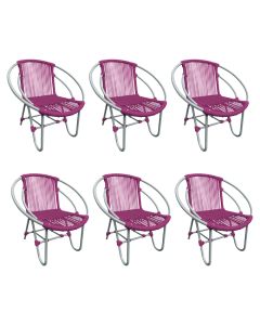 Kit 6 Cadeiras Decorativa Julia em Corda Náutica e Base em Alumínio Cinza/ Rosa