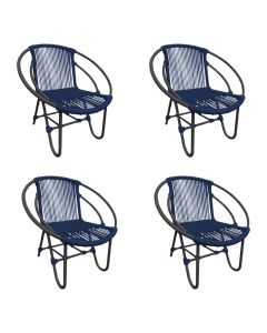 Kit 4 Cadeiras Decorativa Julia em Corda Náutica e Base em Alumínio Preta/ Azul Marinho