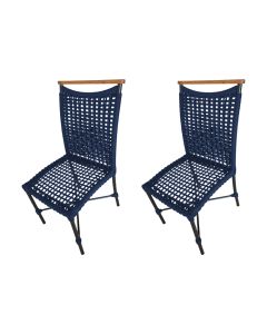 Kit 2 Cadeiras Anne Corda Náutica Detalhe em Madeira Base Alumínio Preto/azul Marinho