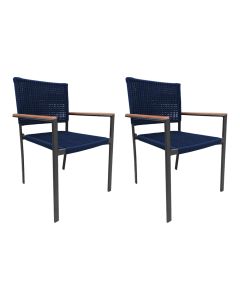 Kit 2 Cadeiras Piracicaba Corda Náutica Braço com Detalhe em Madeira Base Alumínio Preto/azul Marinh