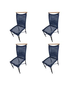 Kit 4 Cadeiras Anne Corda Náutica Detalhe em Madeira Base Alumínio Preto/azul Marinho