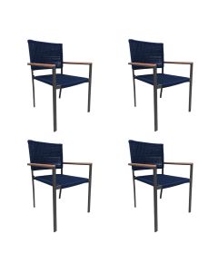 Kit 4 Cadeiras Piracicaba Corda Náutica Braço com Detalhe em Madeira Base Alumínio Preto/azul Marinh