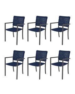 Kit 6 Cadeiras Marília Corda Náutica Base em Alumínio Preto/azul Marinho