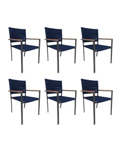 Kit 6 Cadeiras Piracicaba Corda Náutica Braço com Detalhe em Madeira Base Alumínio Preto/azul Marinh
