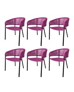 Kit 6 Cadeiras Sol Corda Náutica Base em Alumínio Preto/rosa