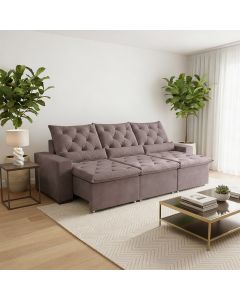 Sofá Retrátil 2.30m Soft Conforto Elevado Suede Delicado e Reclinável Mega Acolhedor Milão Bege