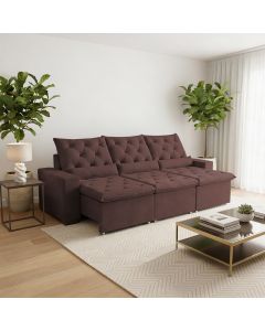 Sofá Retrátil 3l 210m Escuro Suede Macio com Abertura e Encosto Reclinável Milão Marrom